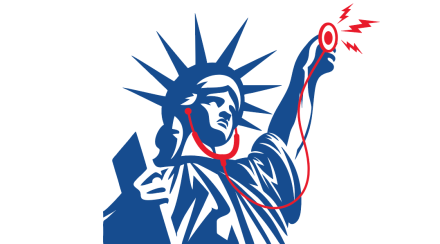 Stylized illustration of the Statue of Liberty listening through a stethoscope.